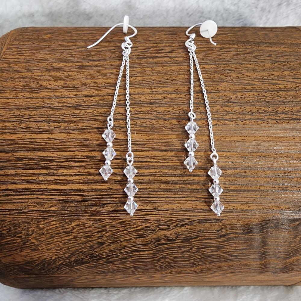 Silver Double Dangle Crystal Earrings - image 2